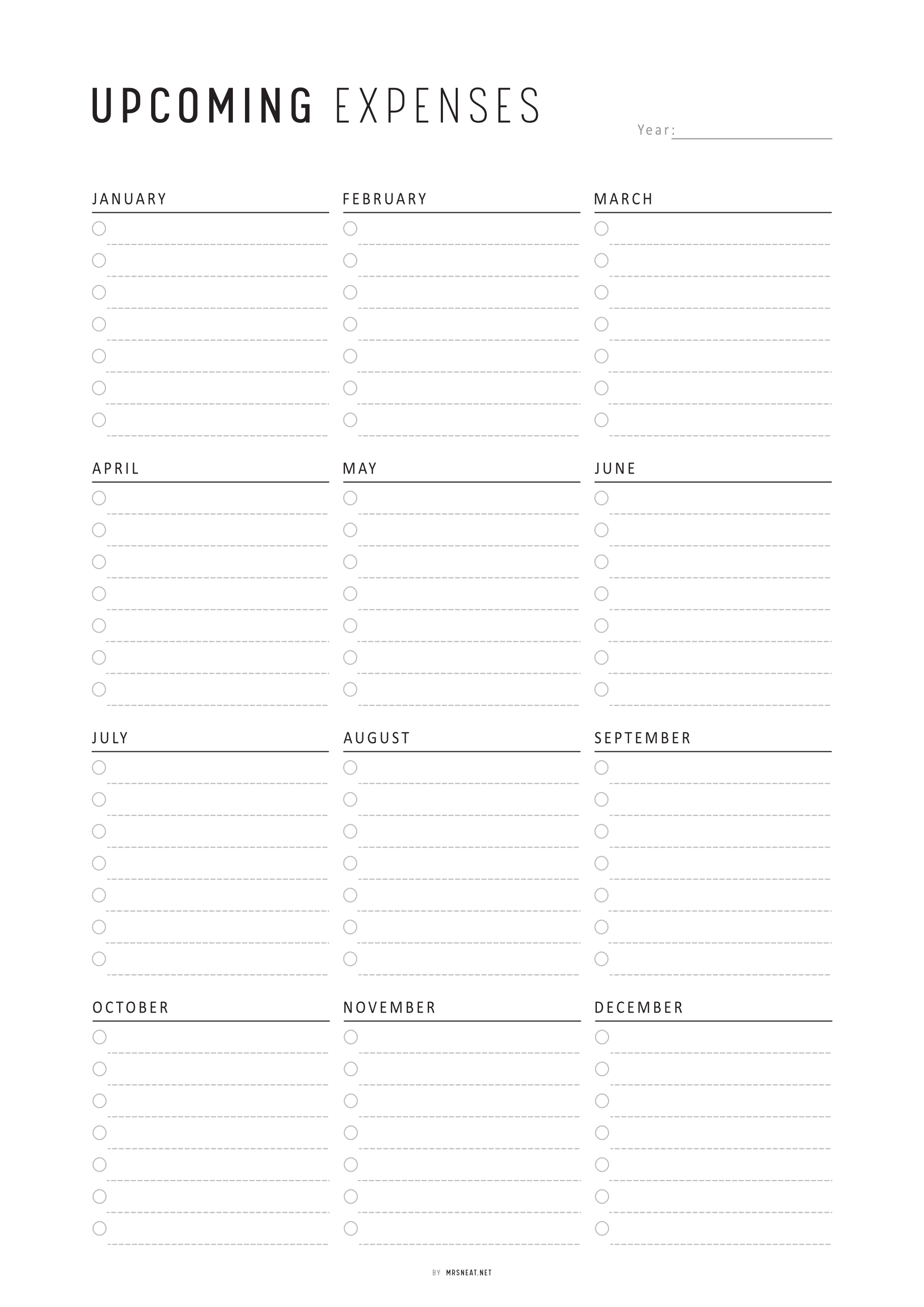 Blank expense tracker with months listed from January to December.