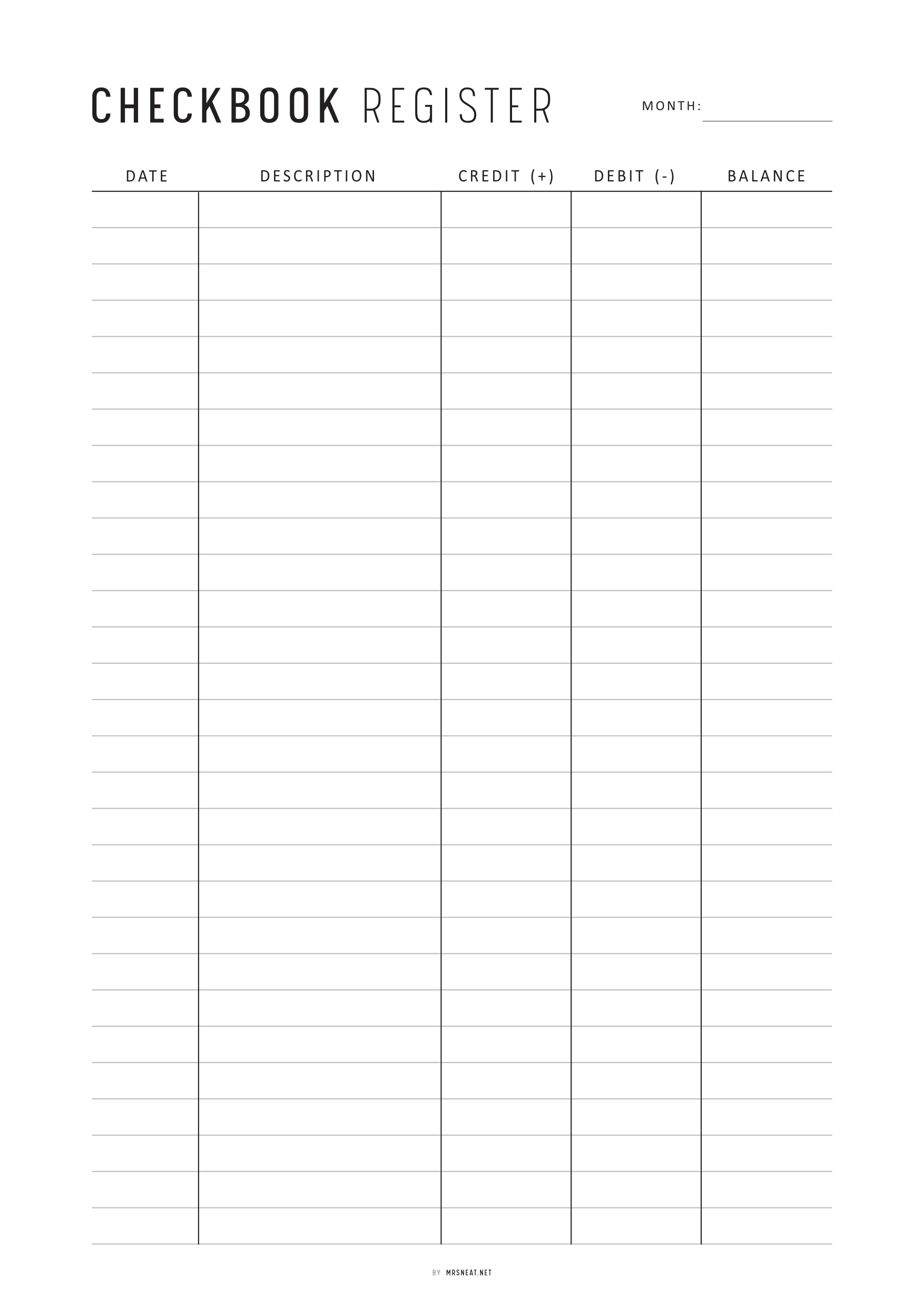 Checkbook register form with columns for date, description, credit, debit, and balance.