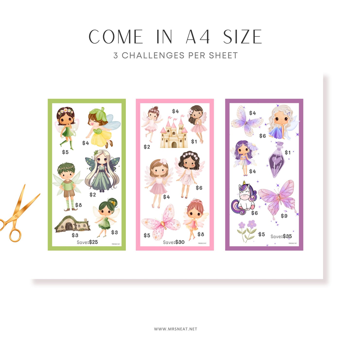 A6 Fairies Mini Savings Challenge! Designed to fit A6 planners, this collection of 6 printable challenges will bring magic to your daily budgeting.