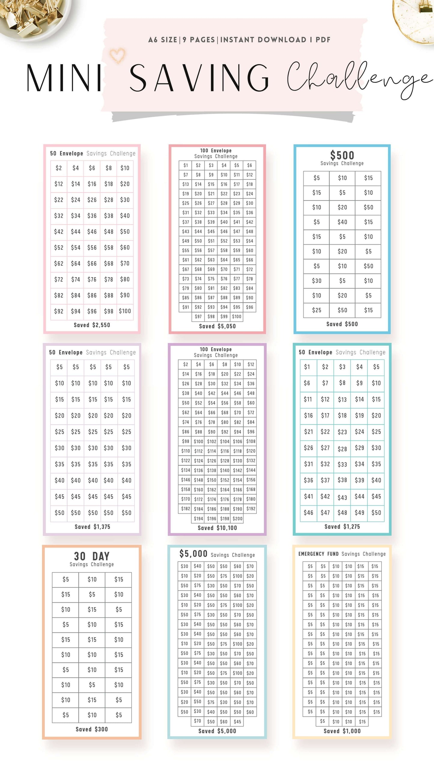 A6 Mini Saving Challenge Template Bundle