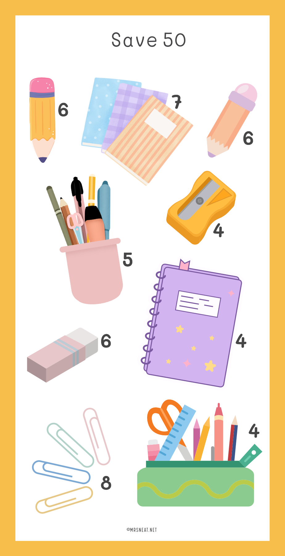 Illustrations of stationery items with numbers on a yellow background