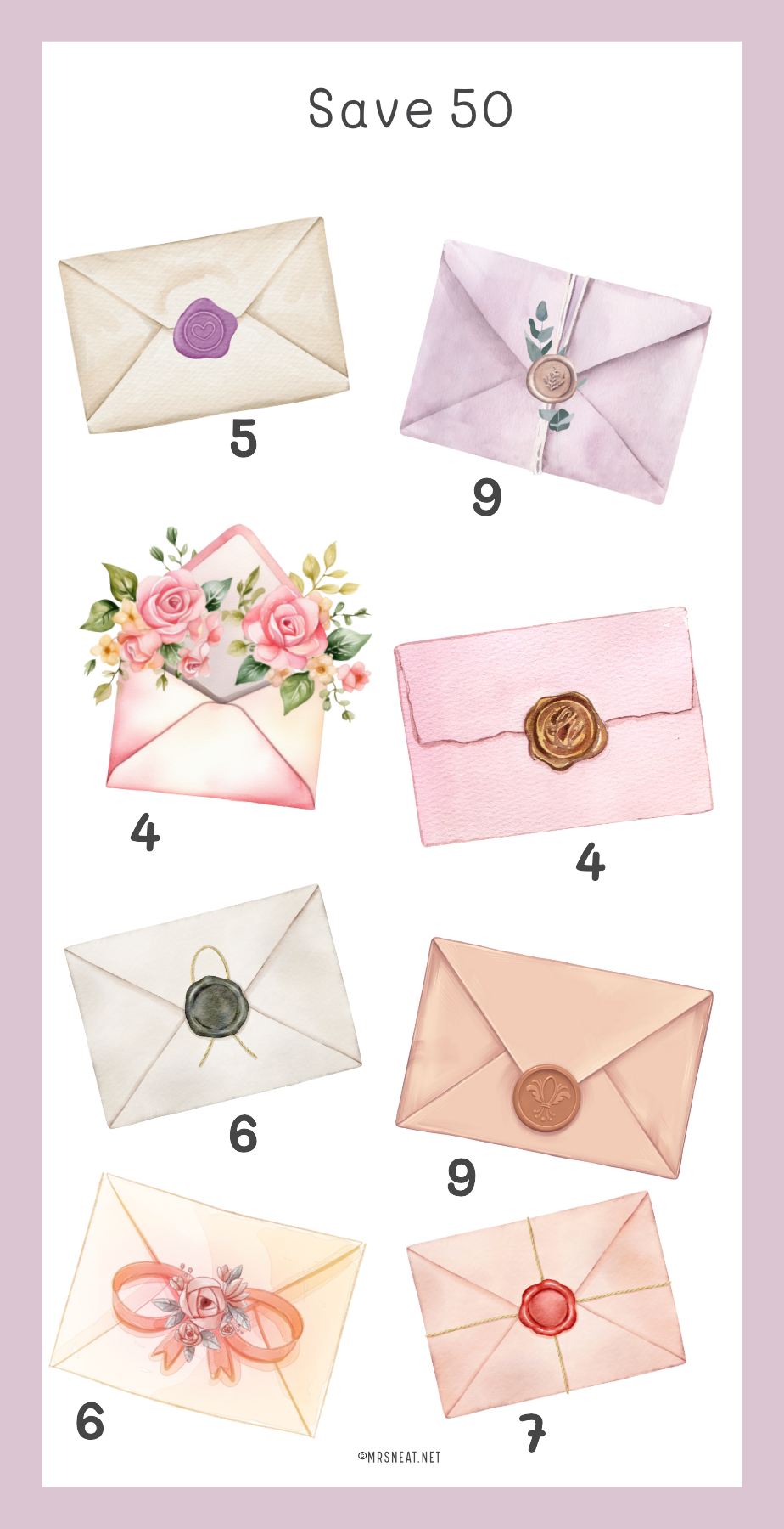 Illustrations of decorative envelopes with various designs on a pink background.