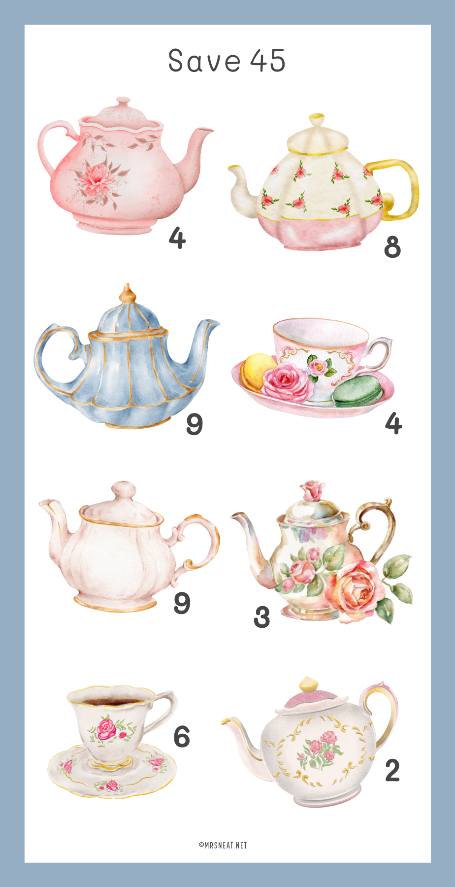 Illustrations of various teapots with floral designs on a light blue background.