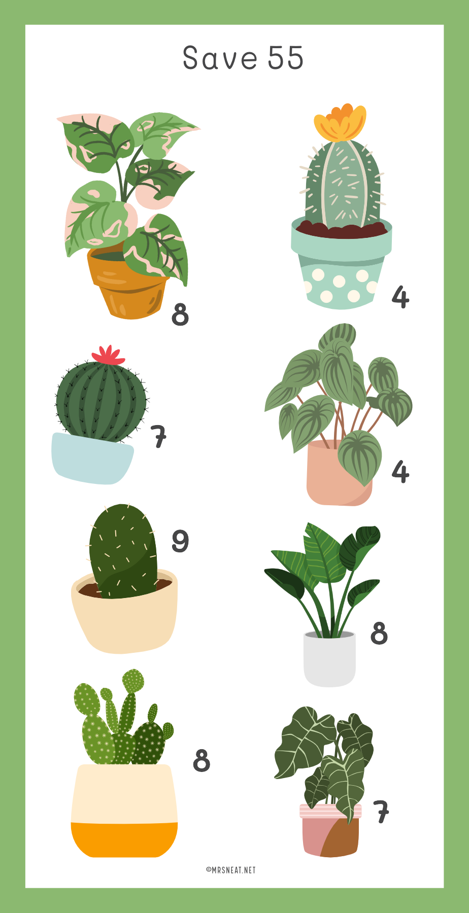 Illustrations of various potted plants with numbers on a white background