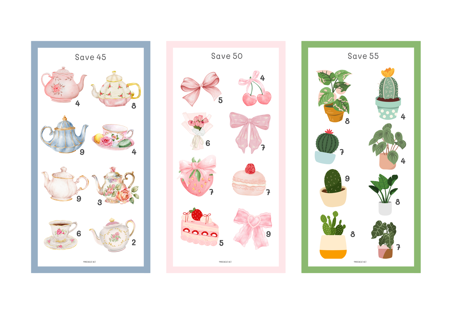 Three decorative cards with illustrations and saving amounts on a white background