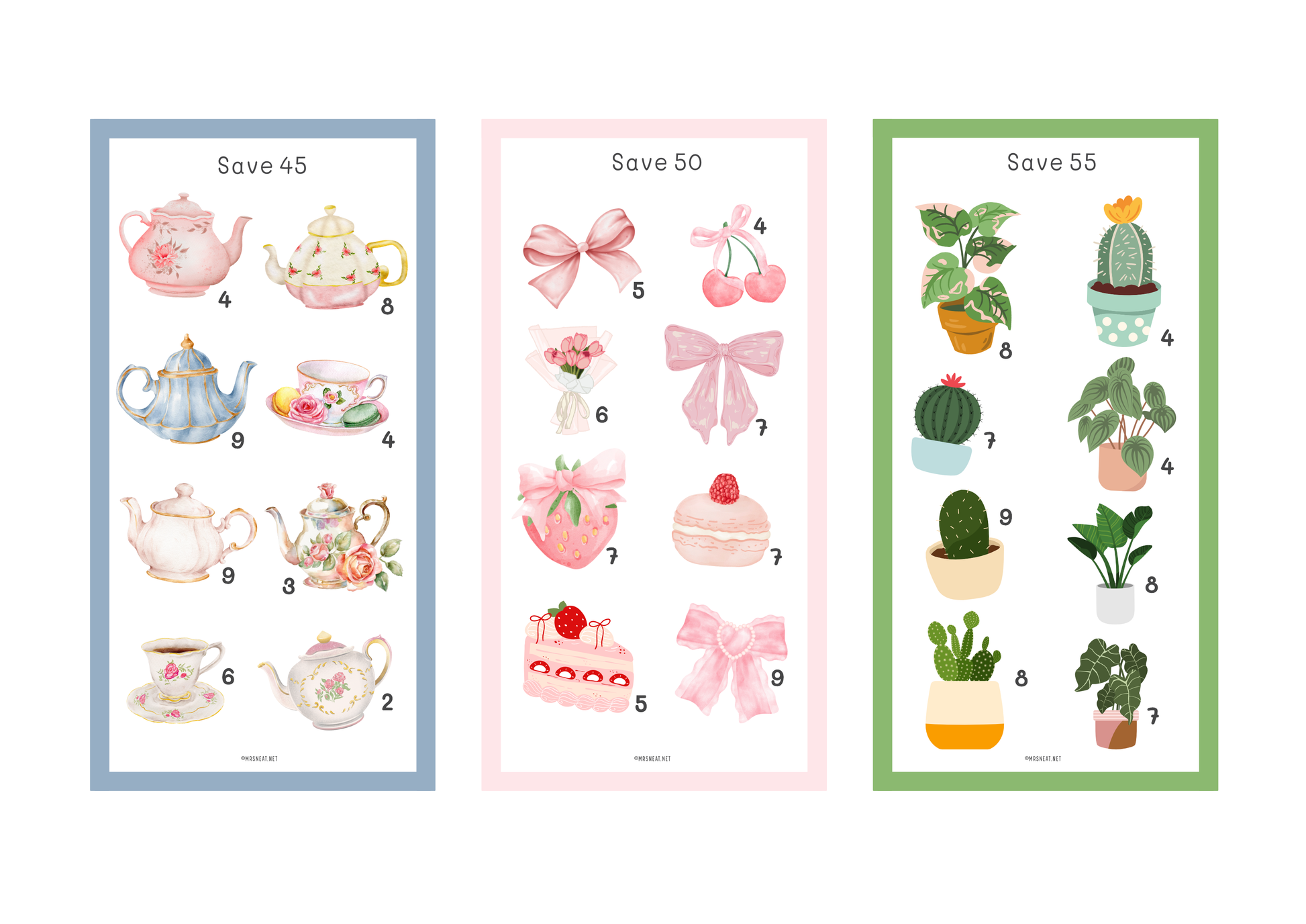 Three decorative cards with illustrations and saving amounts on a white background