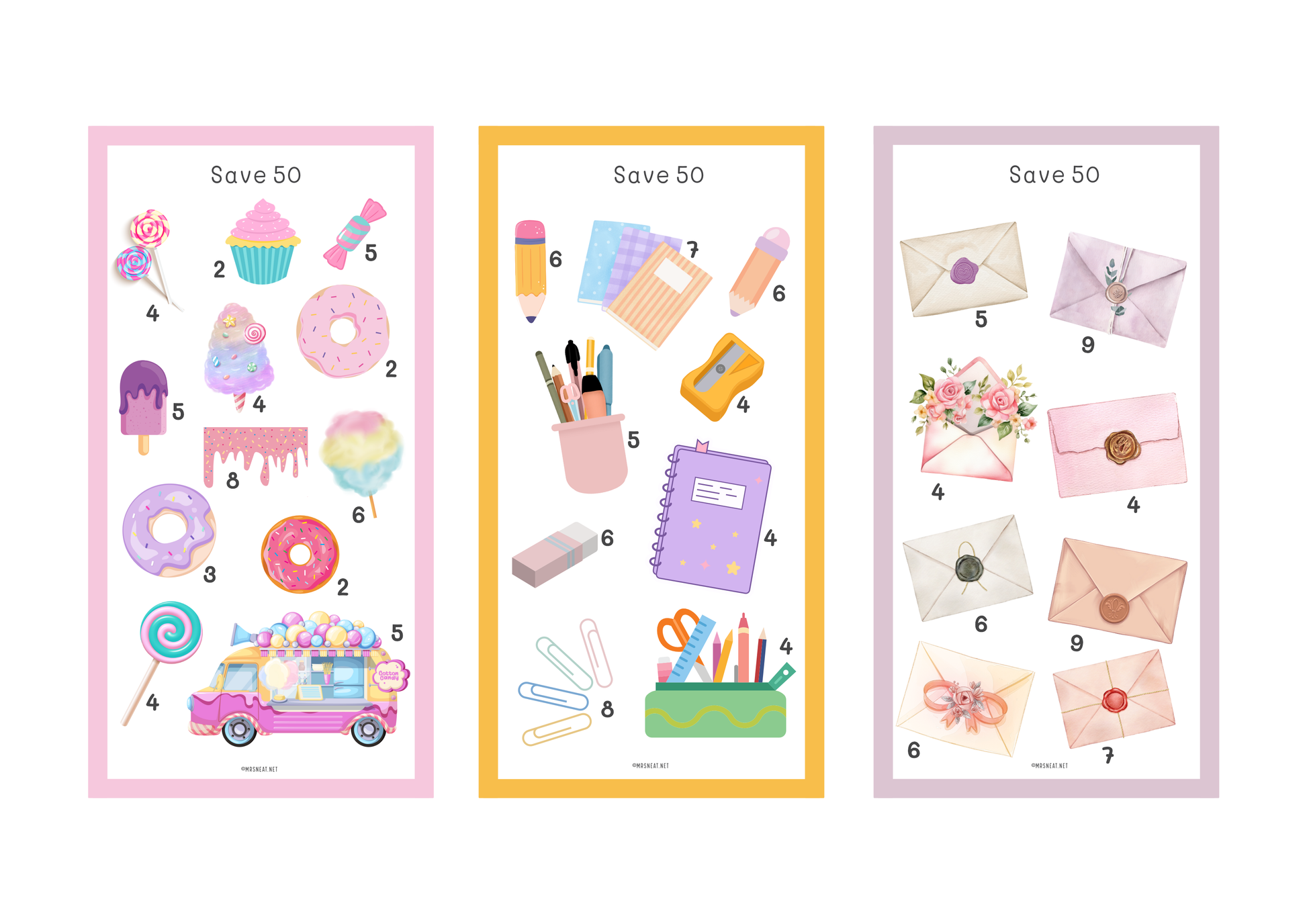 Three colorful posters with illustrations and text 'Save 50' on a white background.