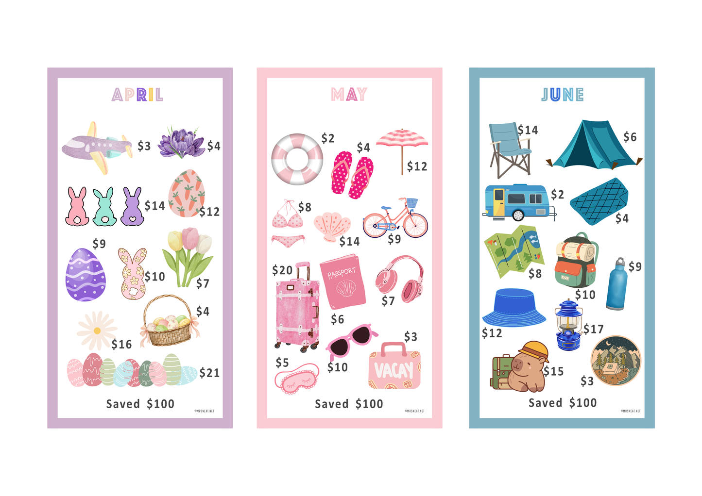 Three Mini savings challenge for April, May, and June with illustrations and saving amount.