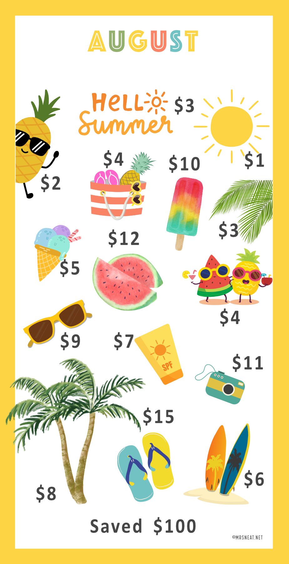 August savings challenge with summer-themed illustrations and saving amount on a yellow background