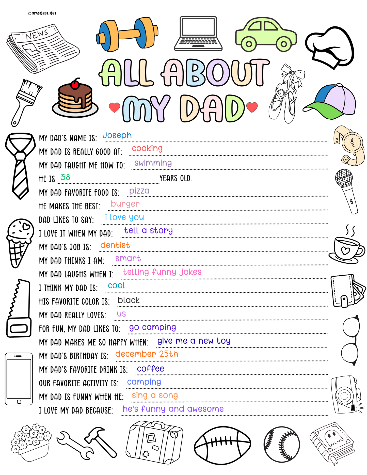 Beautiful and Cute Colorful questionnaire 'All About My Dad'