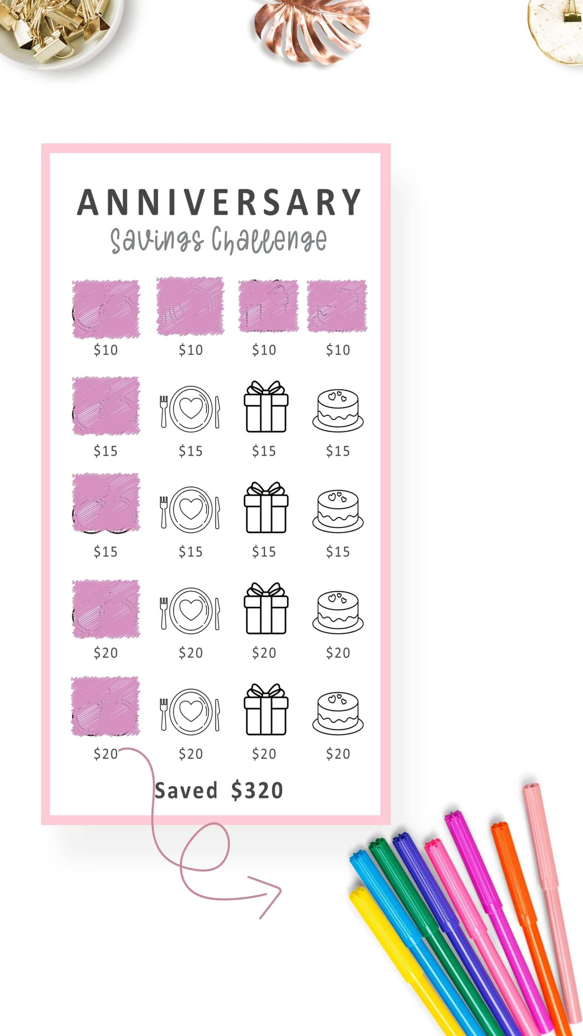Colorful Anniversary Savings Challenge Printable A6