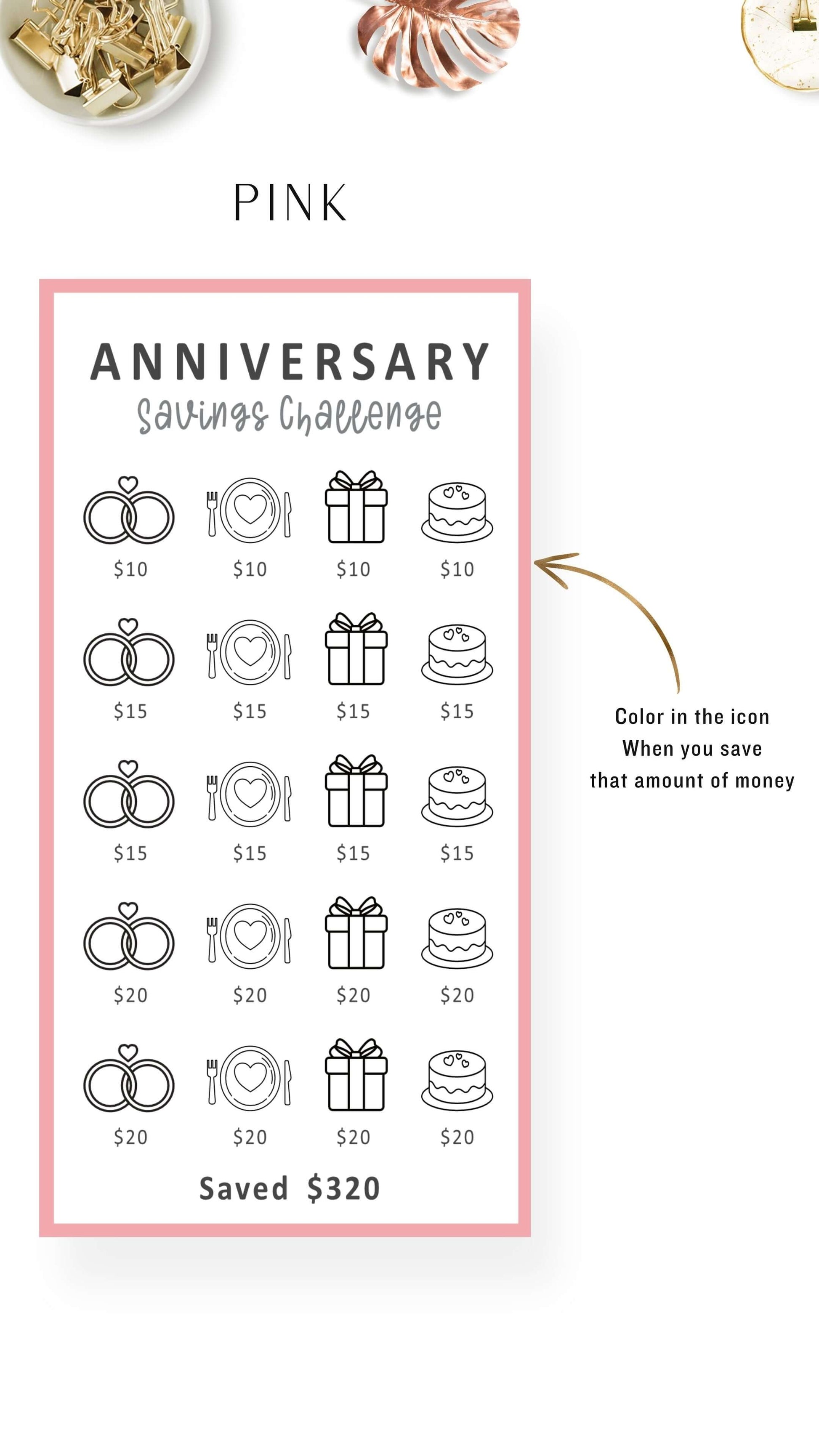 Pink Anniversary Fund Savings Challenge Printable A6