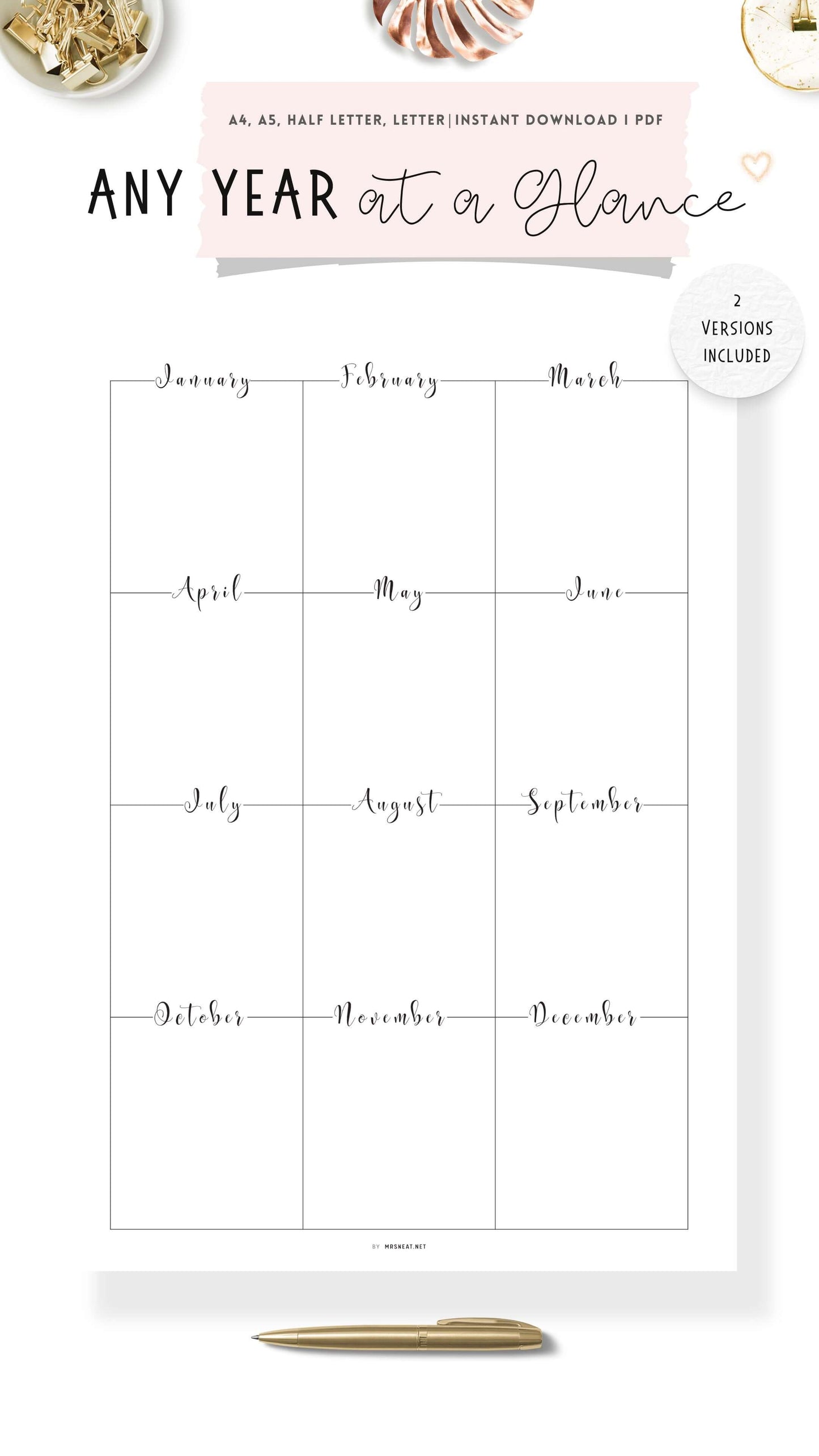 Any Year at a Glance Template Printable, Year at a Glance Planner, 2 versions, A4, A5, Letter, Half Letter