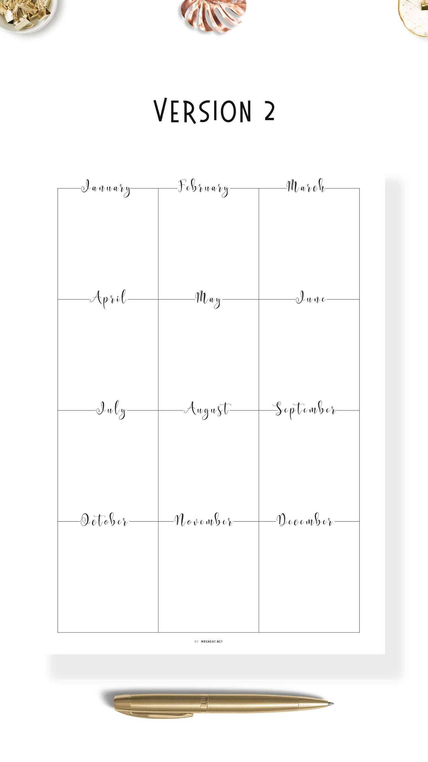Any Year at a Glance Template Printable, Year at a Glance Planner, 2 versions, A4, A5, Letter, Half Letter