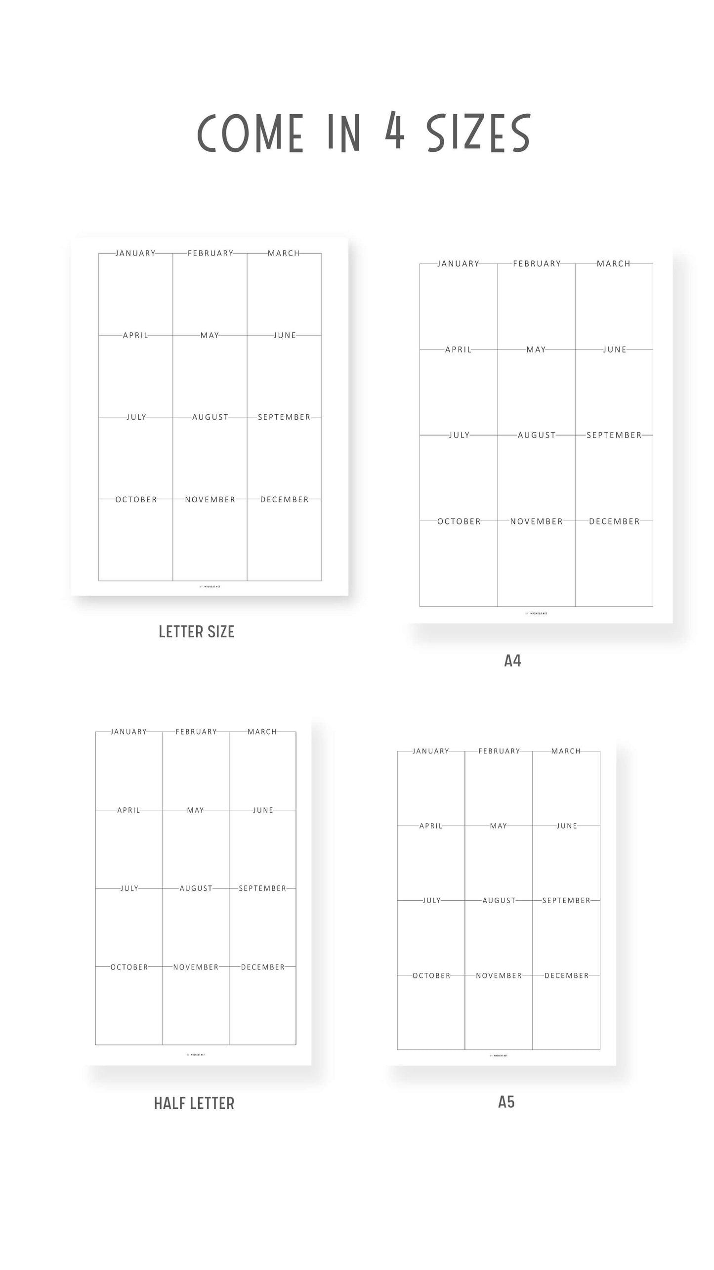 Any Year at a Glance Template Printable, Year at a Glance Planner, 2 versions, A4, A5, Letter, Half Letter