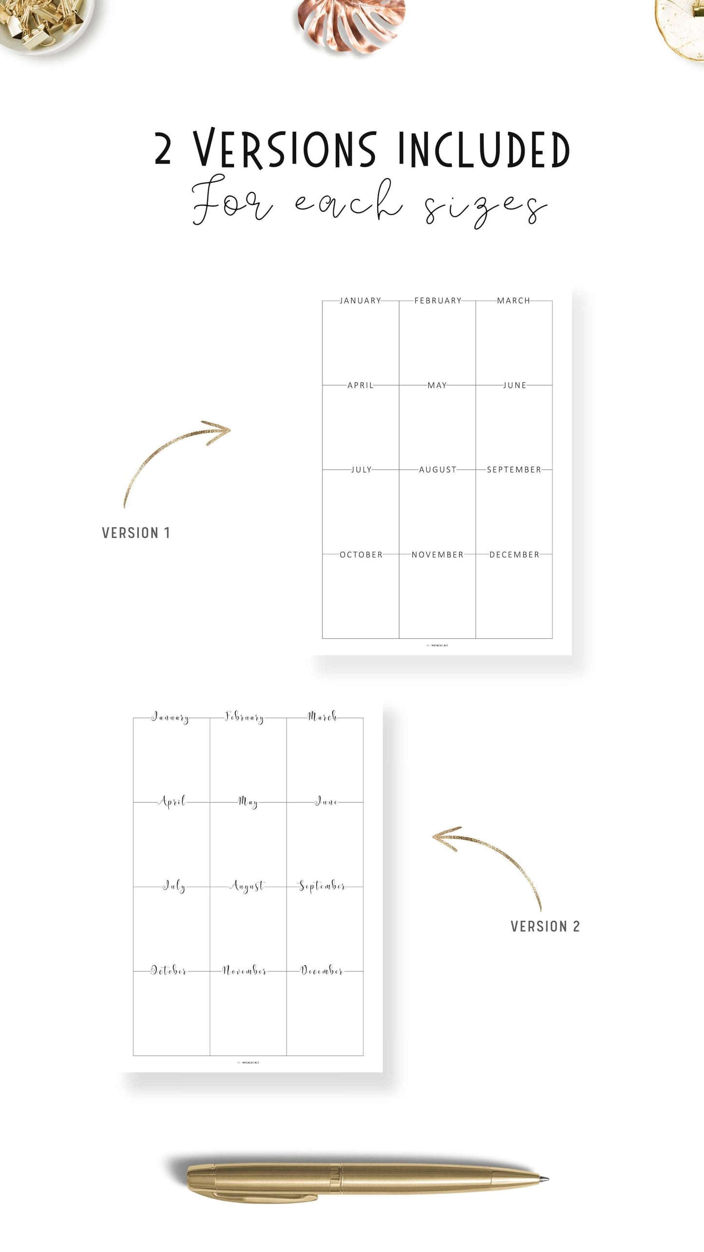 Any Year at a Glance Template Printable, Year at a Glance Planner, 2 versions, A4, A5, Letter, Half Letter