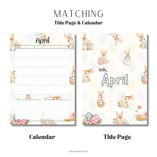 April calendar and title page with Easter-themed design featuring bunnies and eggs.