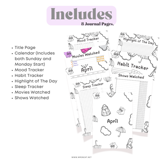 Sheet of journal pages with various tracking sections on a white background