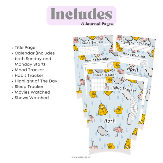 Journal with various tracking pages including a calendar, mood tracker, habit tracker, and more, on a white background.