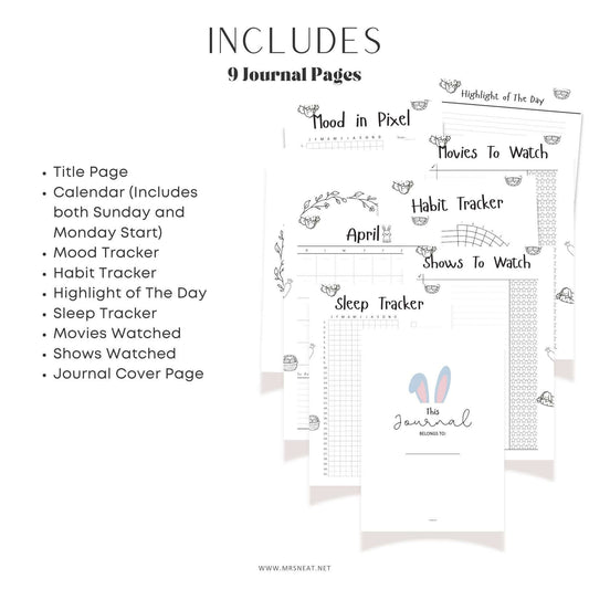 Black and white journal layout with various tracking pages on a white background