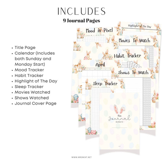 9 journal pages with various trackers and a calendar on a white background