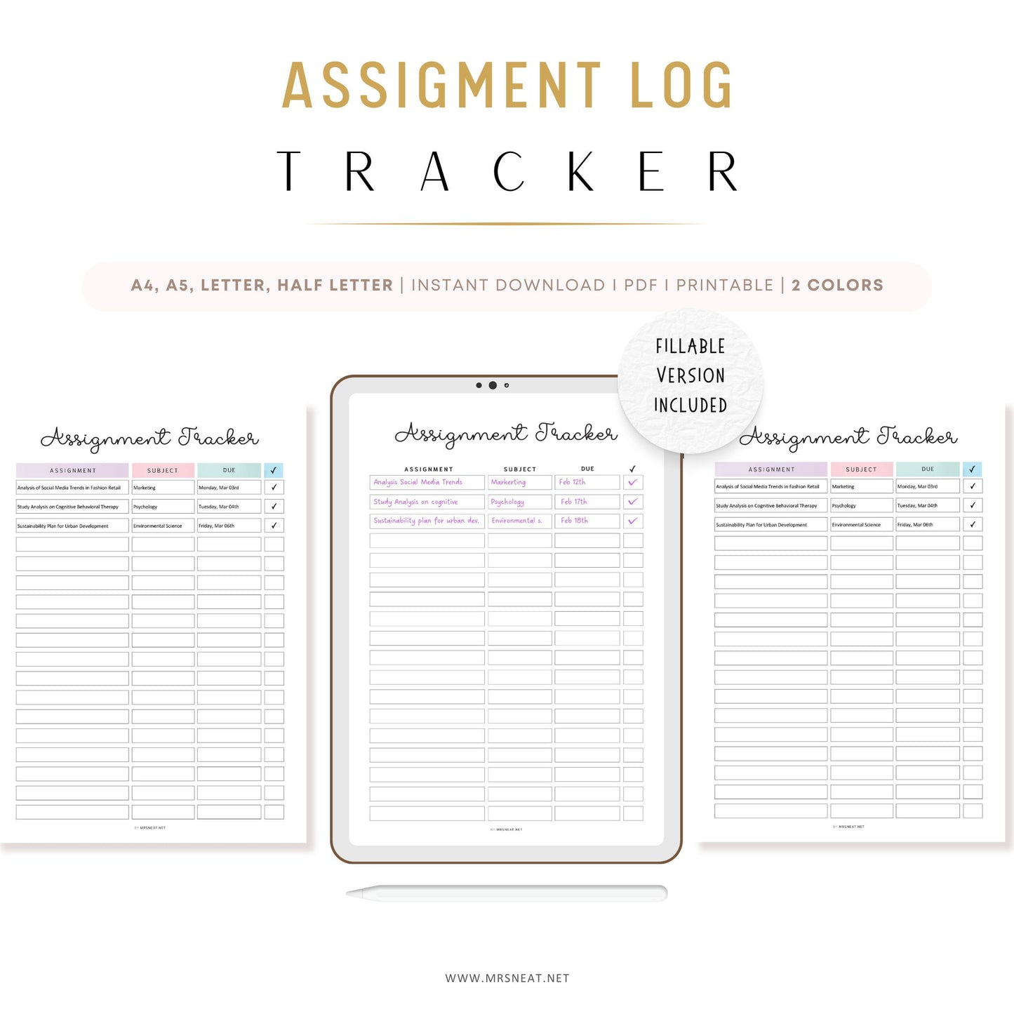 Assignment Tracker, PRINTABLE Journal Page, Student Journal, Student Planner, Student Agenda, Assignment Log, Task Log, Planner Page, PDF Fillable, A4, A5, Letter, Half Letter, 2 Colors