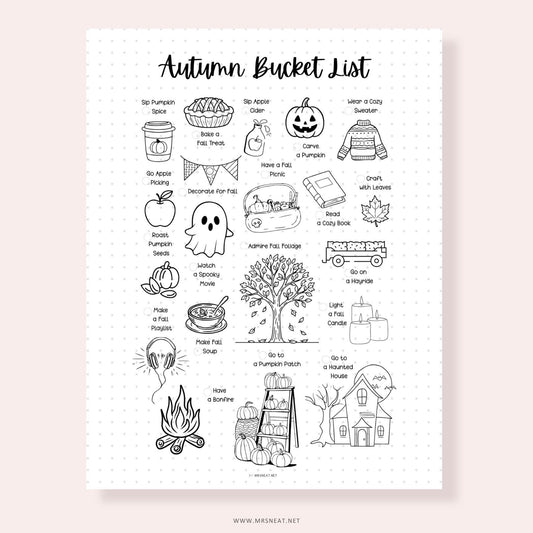 Autumn bucket list printable featuring fall activities and cozy illustrations