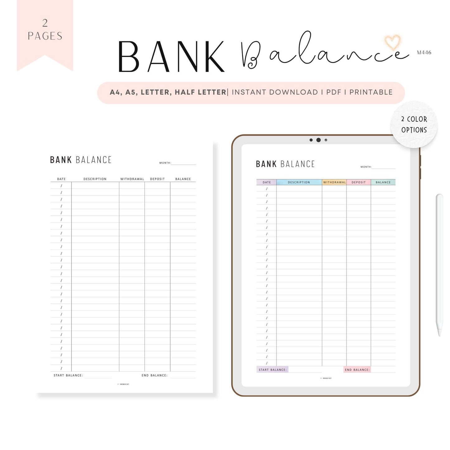Bank Balance Sheet, Printable, A4, A5, Letter, Half Letter, Colorful and Minimalist Page