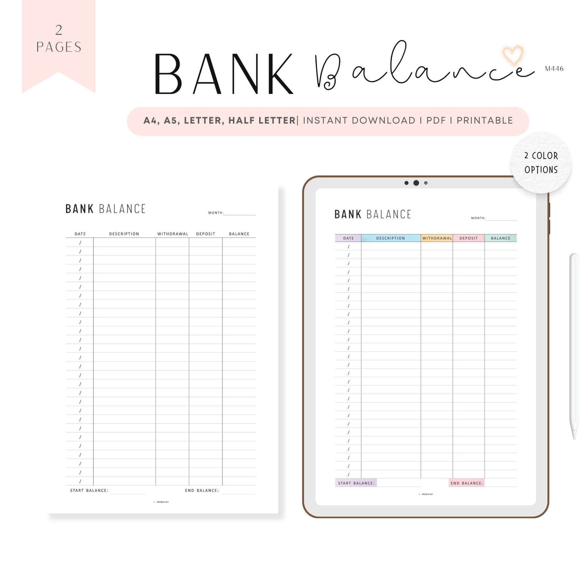 Bank Balance Sheet, Printable, A4, A5, Letter, Half Letter, Colorful and Minimalist Page