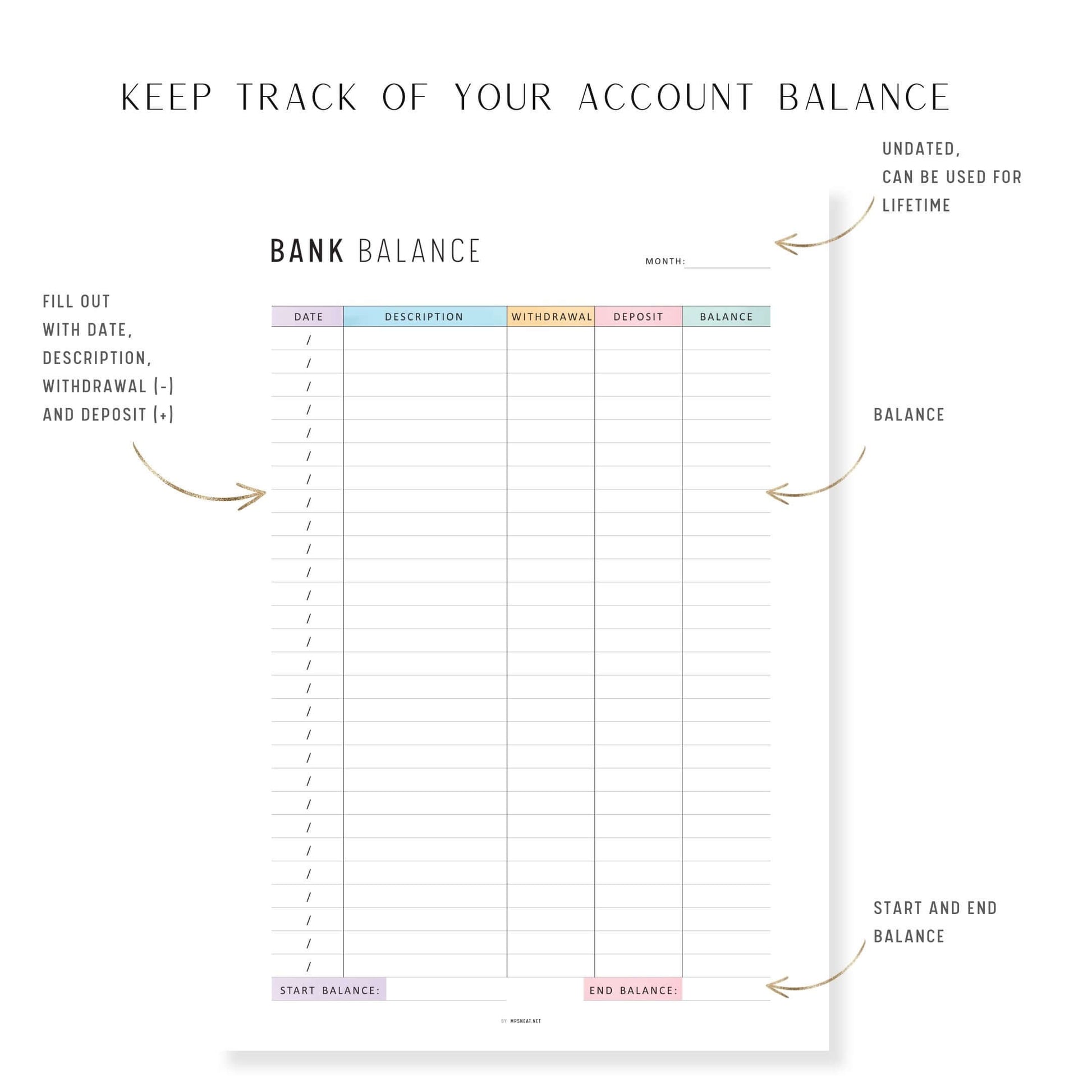 Bank Balance Sheet, Printable, A4, A5, Letter, Half Letter, Colorful and Minimalist Page