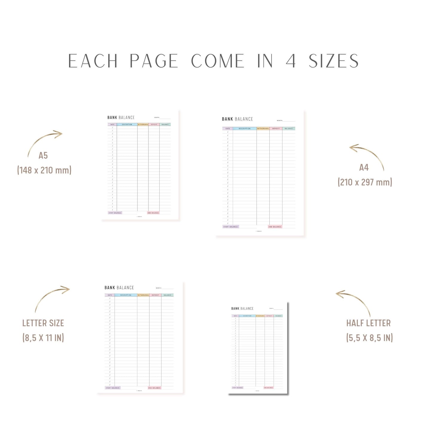 Bank Balance Sheet, Printable, A4, A5, Letter, Half Letter, Colorful and Minimalist Page