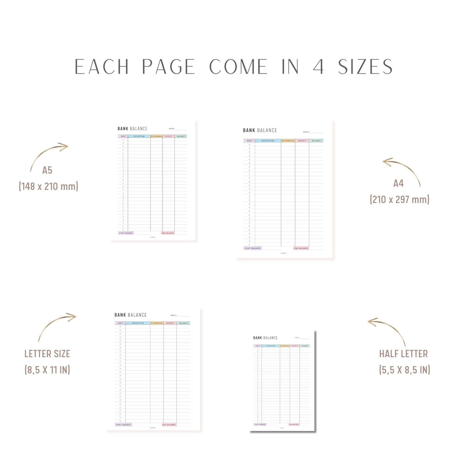 Bank Balance Sheet, Printable, A4, A5, Letter, Half Letter, Colorful and Minimalist Page