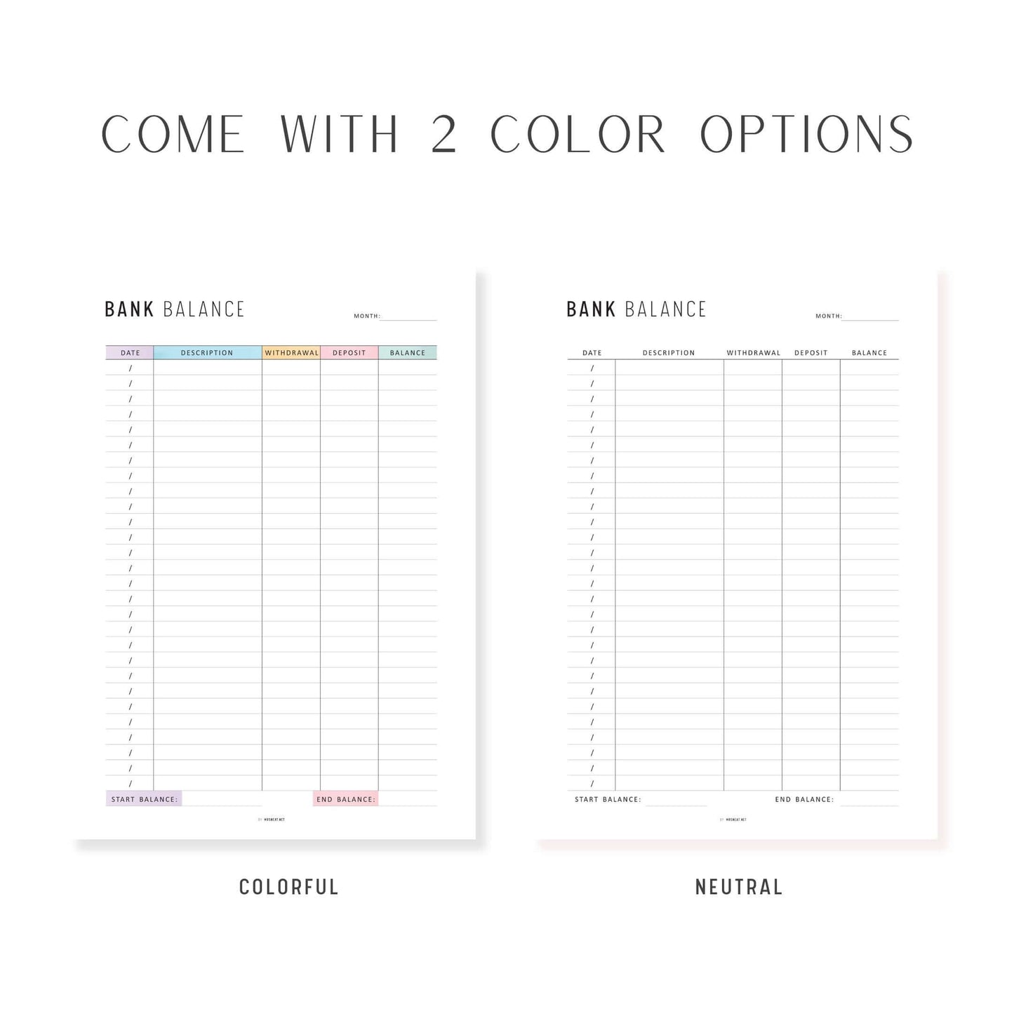 Bank Balance Sheet, Printable, A4, A5, Letter, Half Letter, Colorful and Minimalist Page
