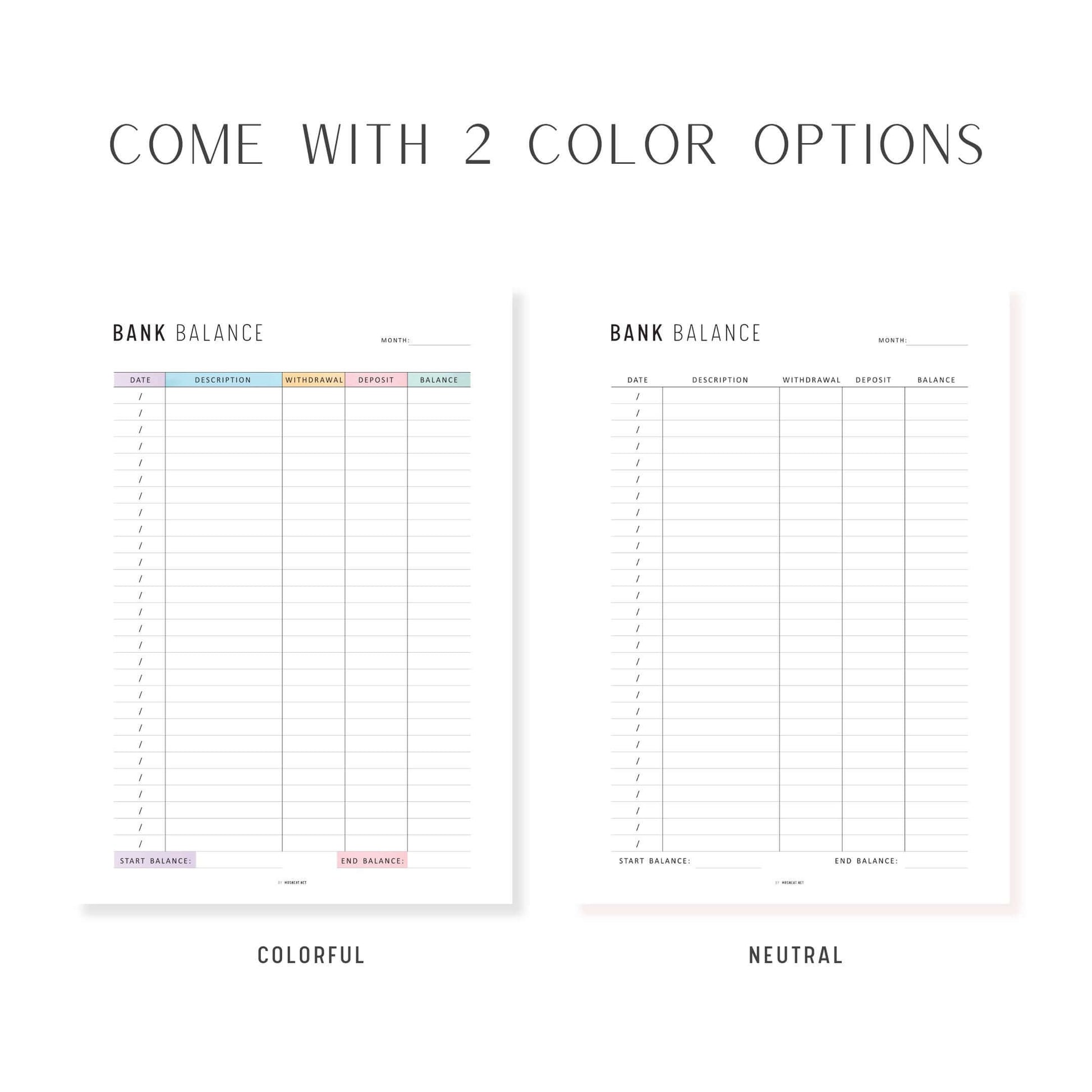 Bank Balance Sheet, Printable, A4, A5, Letter, Half Letter, Colorful and Minimalist Page
