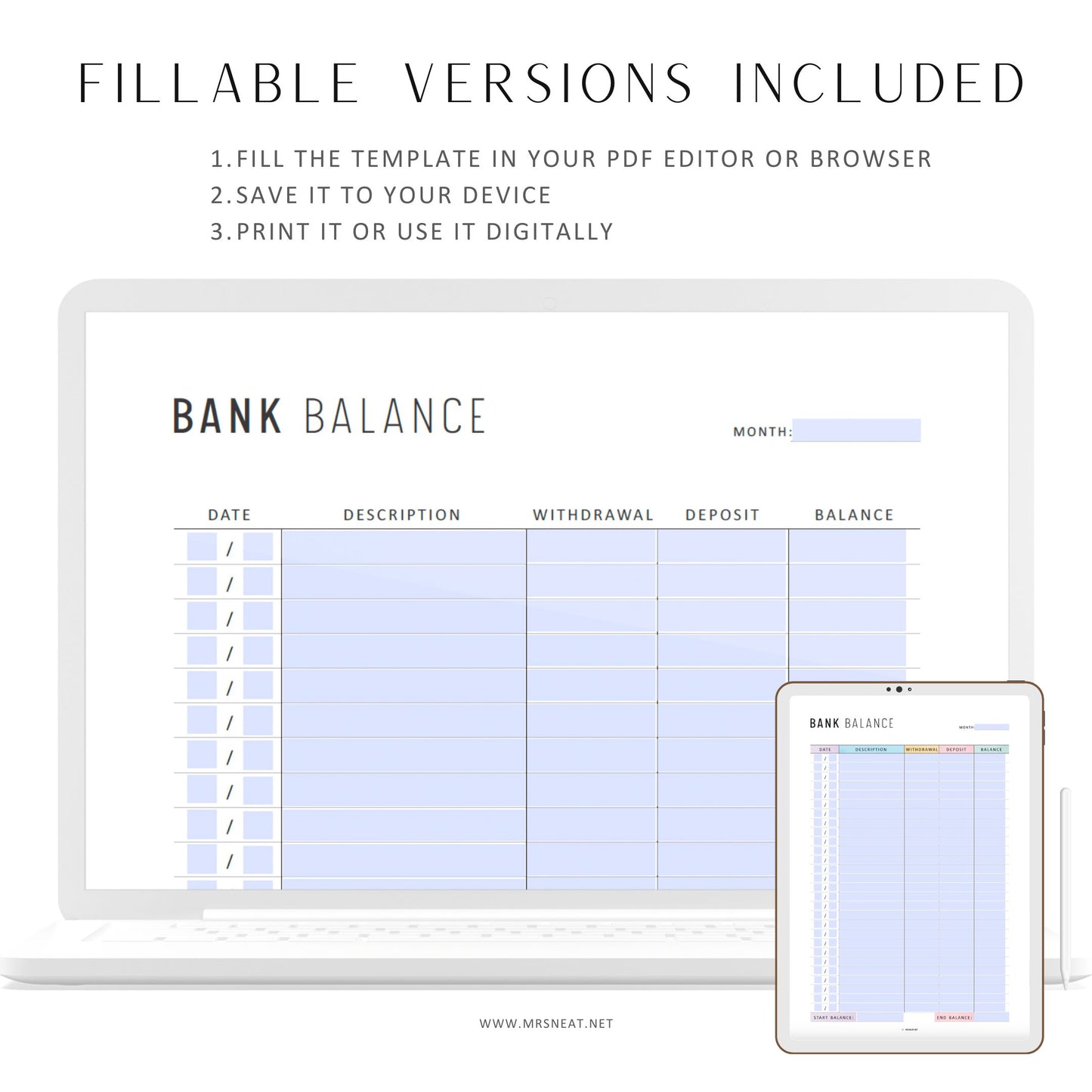 Bank Balance Sheet Printable, Savings Tracker, Banking Record, Finance Log, Financial Planner, 2 Colors, A4, A5, Letter, Half Letter