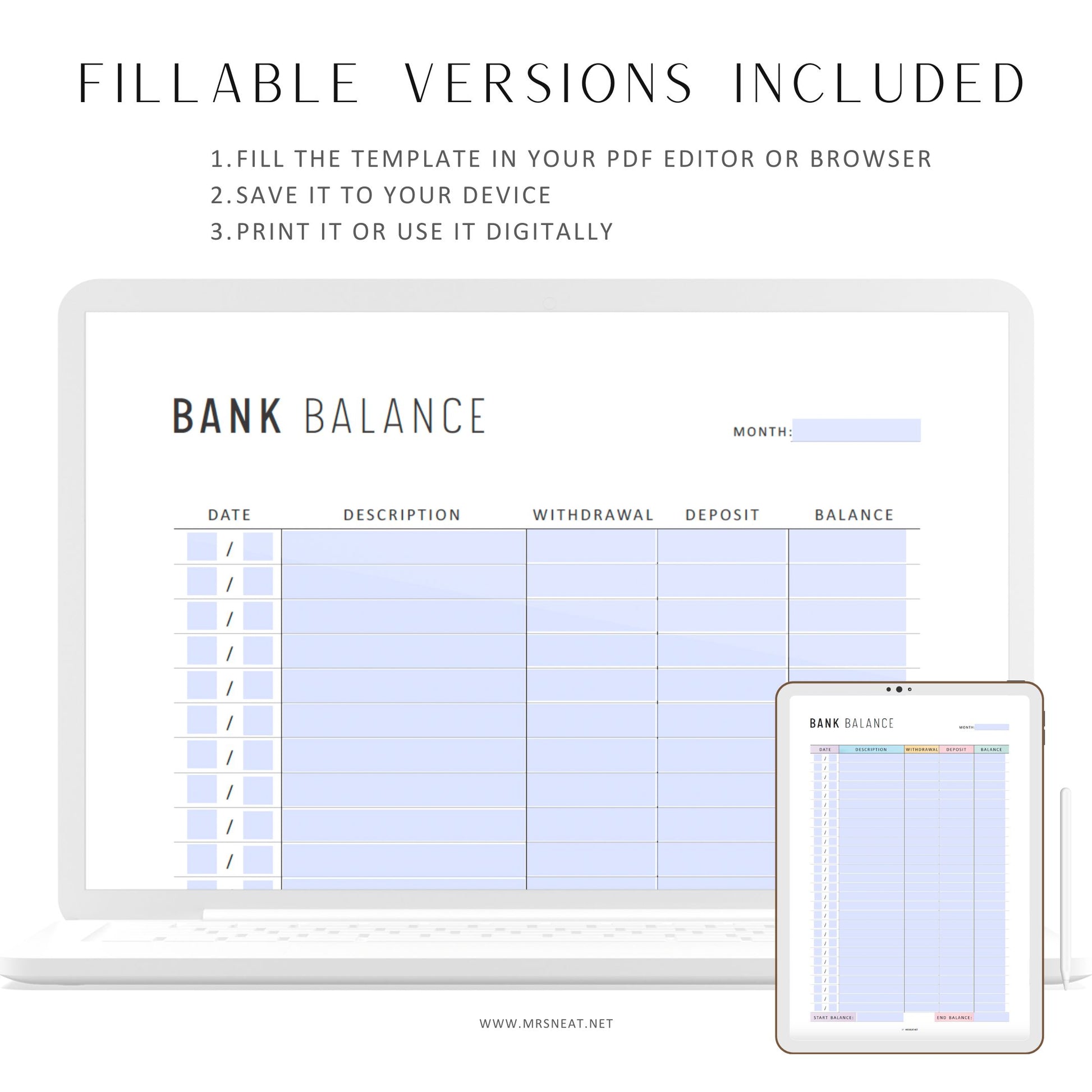 Bank Balance Sheet Printable, Savings Tracker, Banking Record, Finance Log, Financial Planner, 2 Colors, A4, A5, Letter, Half Letter