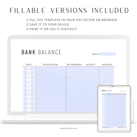 Bank Balance Sheet Printable, Savings Tracker, Banking Record, Finance Log, Financial Planner, 2 Colors, A4, A5, Letter, Half Letter