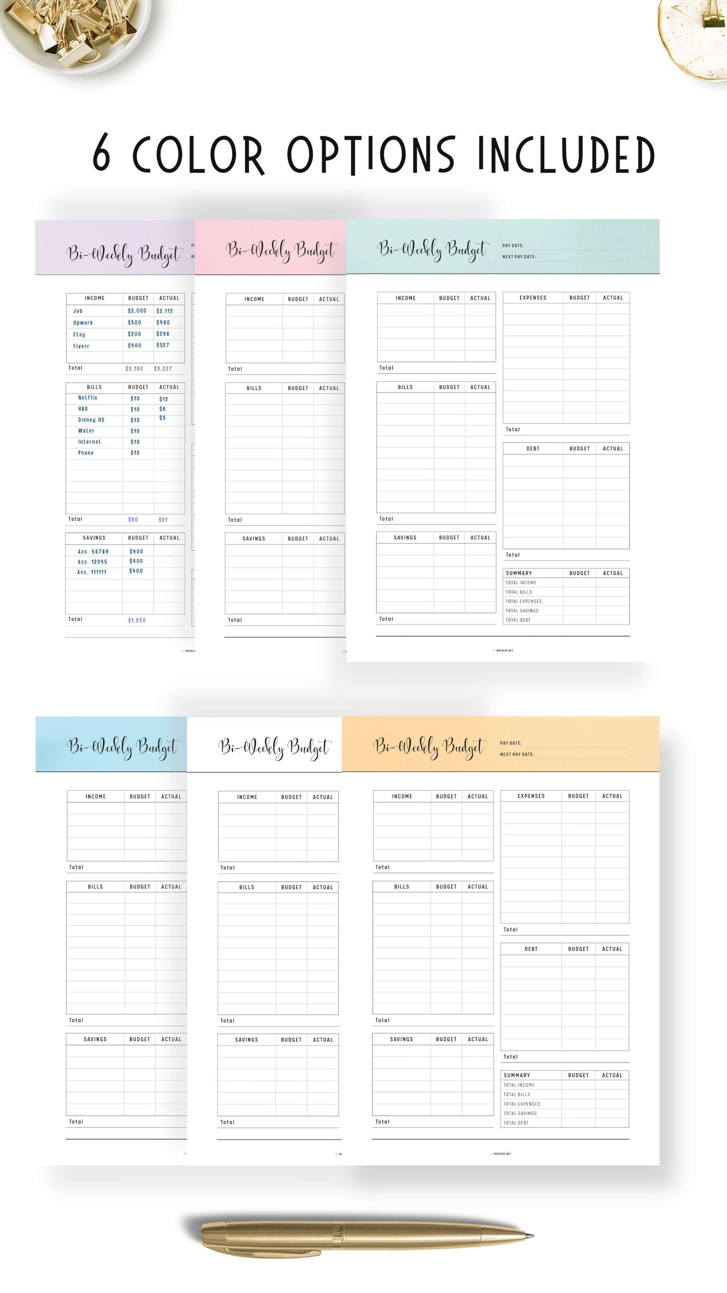6 colors Bi-Weekly Budget Template Printable