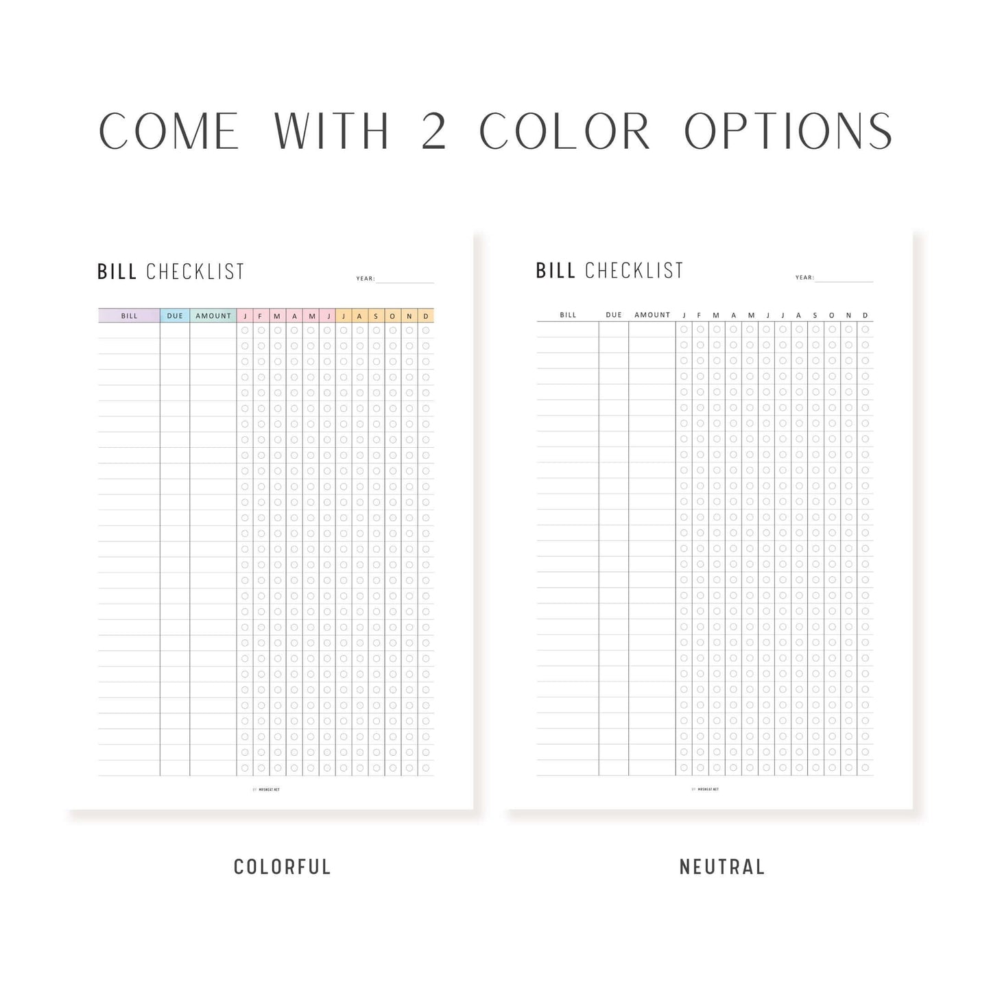 One Year Bill Checklist Printable, 12 Month Bill Payment Checklist, A4, A5, Letter, Half Letter, Minimalist & Colorful Page