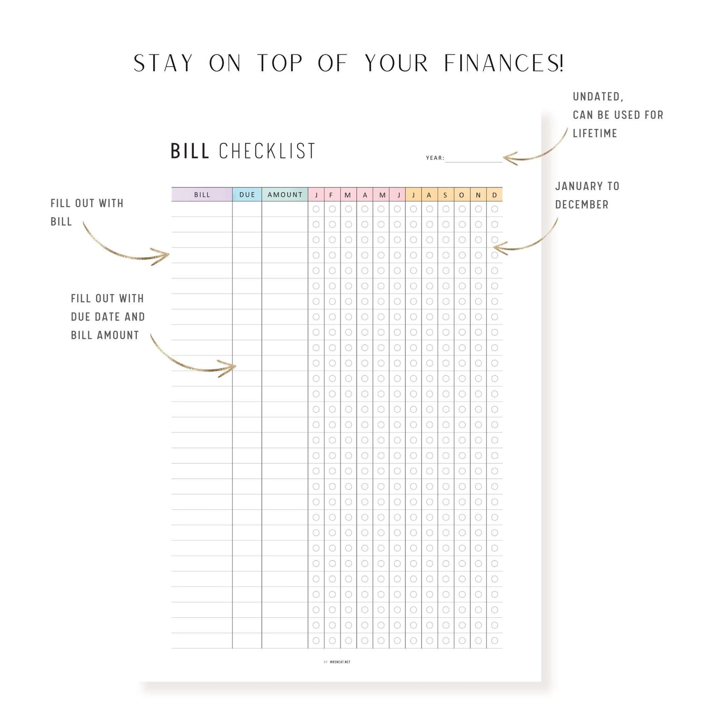 One Year Bill Checklist Printable, 12 Month Bill Payment Checklist, A4, A5, Letter, Half Letter, Minimalist & Colorful Page