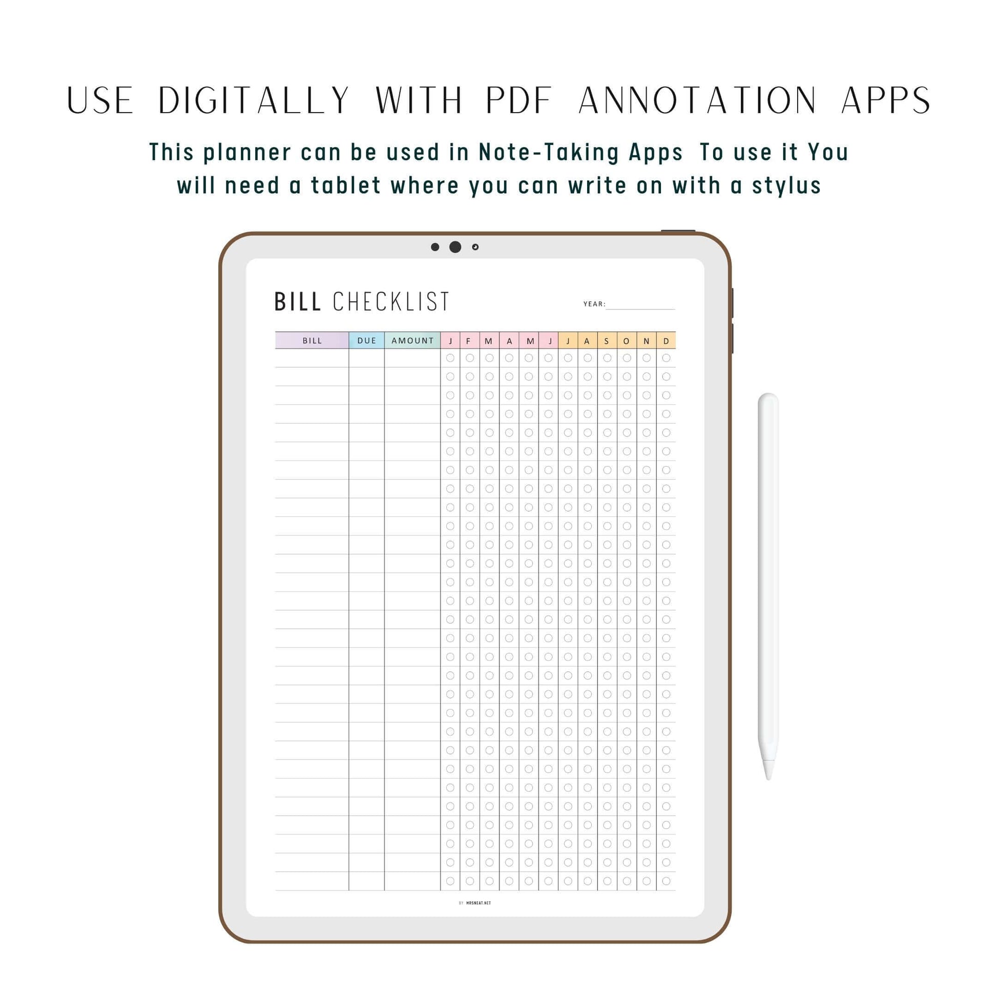 One Year Bill Checklist Printable, 12 Month Bill Payment Checklist, A4, A5, Letter, Half Letter, Minimalist & Colorful Page