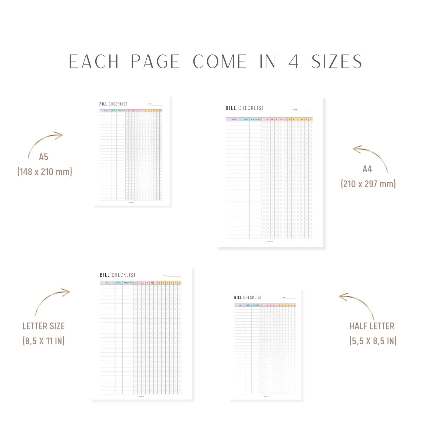 One Year Bill Checklist Printable, 12 Month Bill Payment Checklist, A4, A5, Letter, Half Letter, Minimalist & Colorful Page