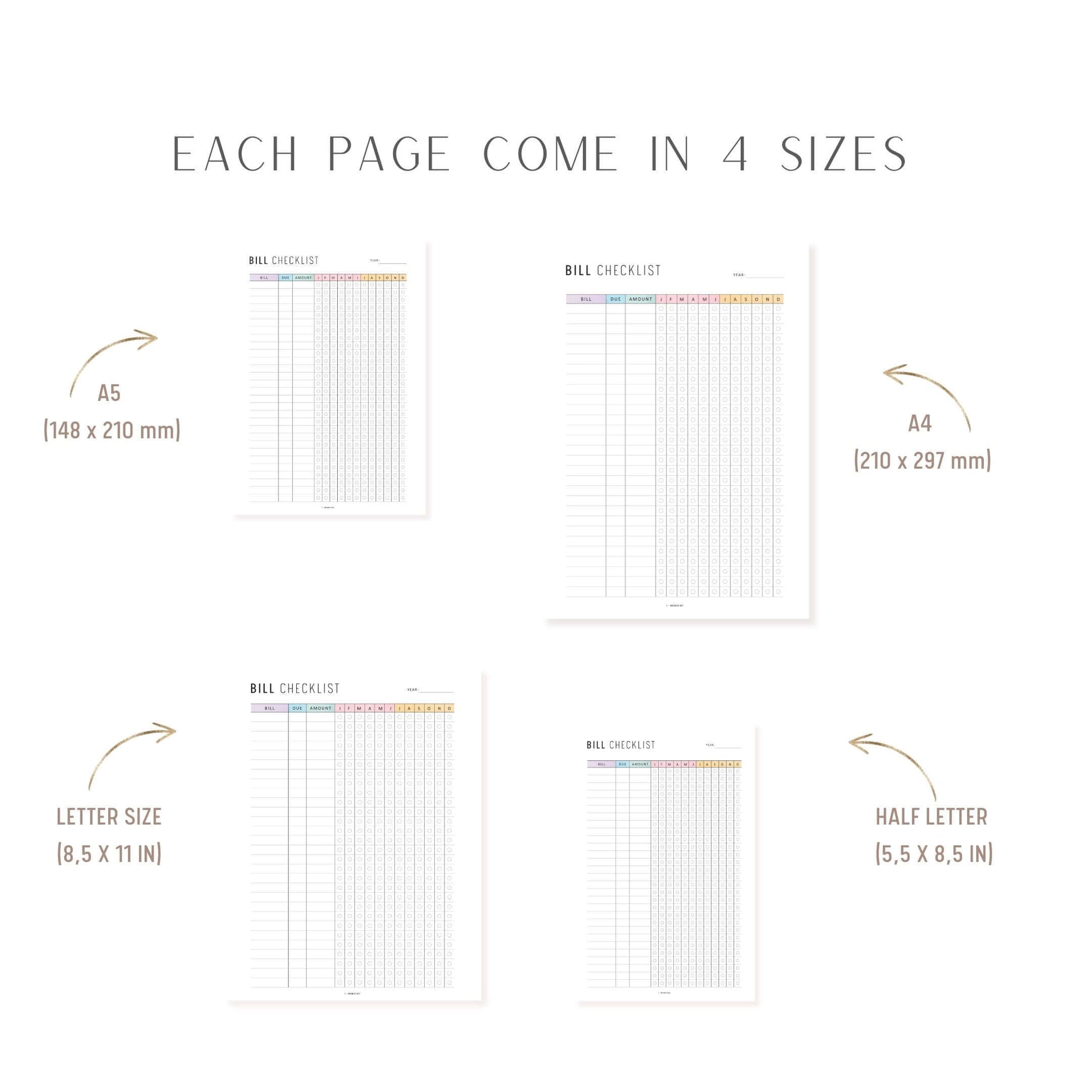 One Year Bill Checklist Printable, 12 Month Bill Payment Checklist, A4, A5, Letter, Half Letter, Minimalist & Colorful Page