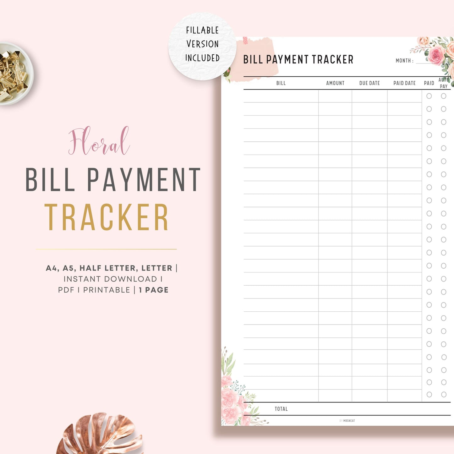 Floral Monthly Bill Payment Tracker with room for bills, amount, date and payment options