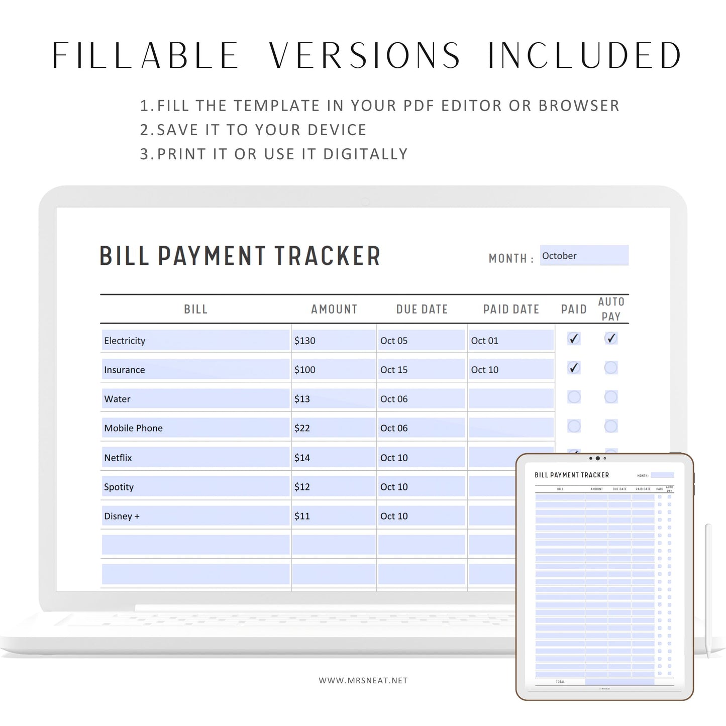 Minimalist Monthly Bill Payment Tracker with room for bills, amount, date and payment options