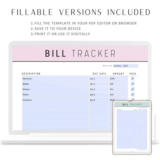 Fillable Bill Payment Tracker Printable, Spending Tracker Template, Expense Tracker, Bill Tracker, A4, A5, Letter, Half Letter, 5 colors