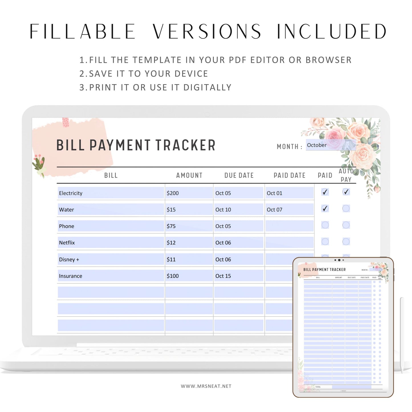 Floral Monthly Bill Payment Tracker with room for bills, amount, date and payment options