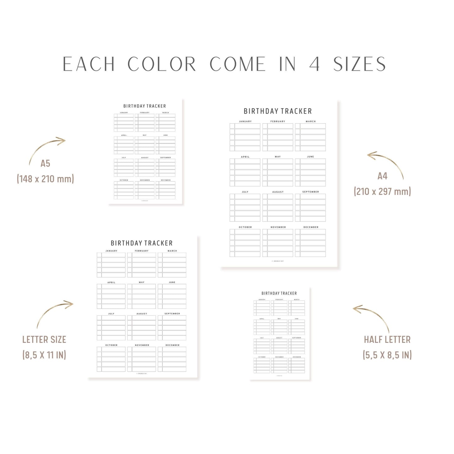 A4, A5, Letter, Half Letter Minimalist Birthday Tracker Printable, Editable PDF, 2 color options