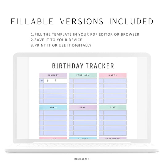 Fillable Birthday Tracker Printable, Editable PDF, 2 color options