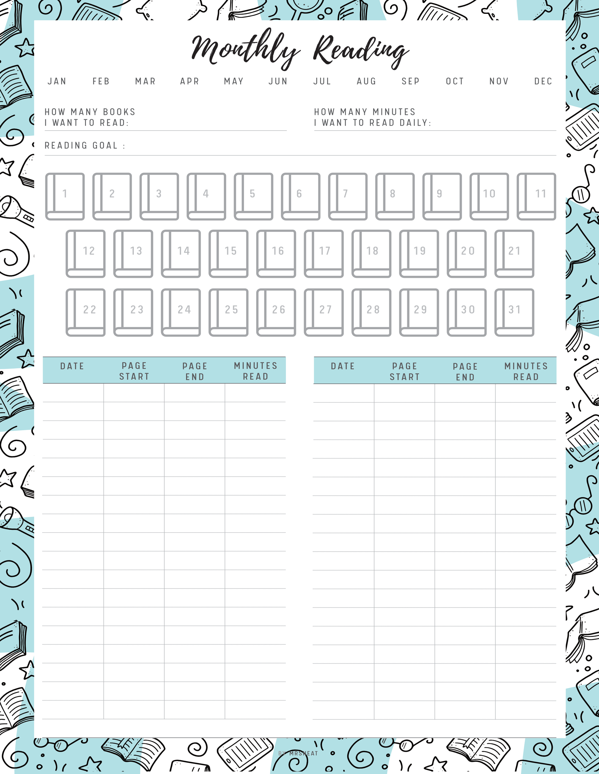 Reading planner with monthly reading goals and tracking sections, surrounded by blue book-themed illustrations.